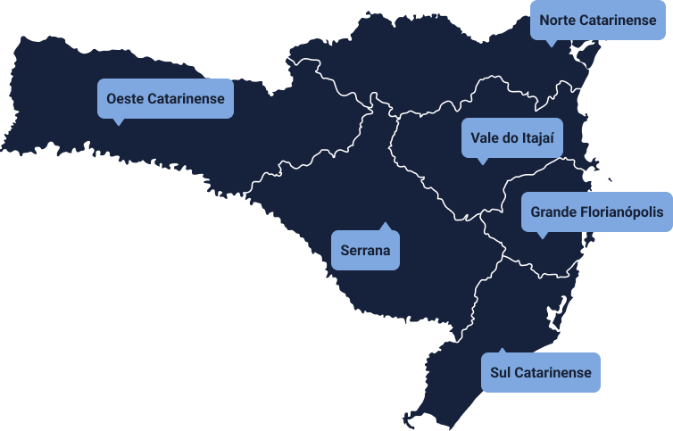 Mapa de Santa Catarina com as mesorregi&otilde;es atendidas pelo OESC